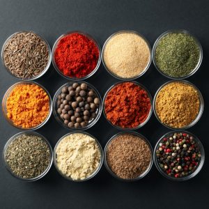 Flat lay. Bowls with different spices on black background